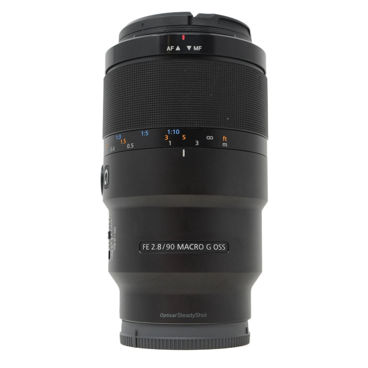 Camera lens with focus wheel on a white background