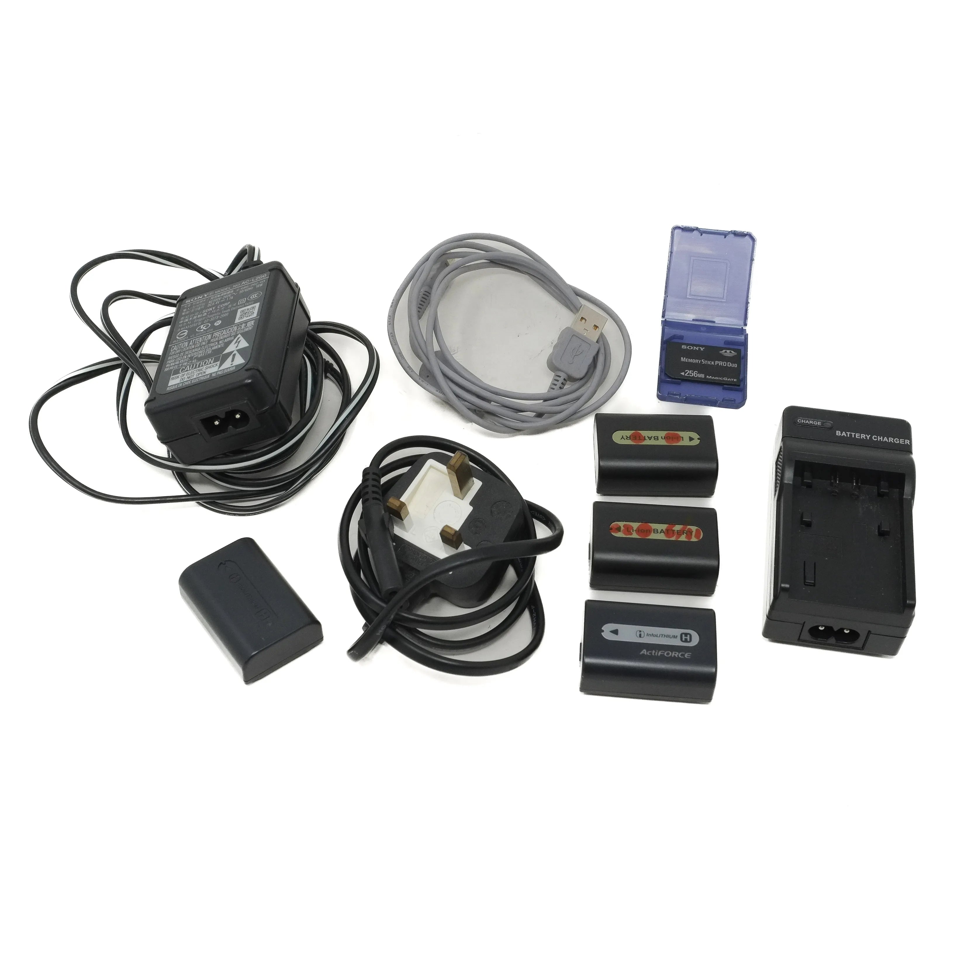 Collection of electronic accessories including batteries, charger, and cables on a white background