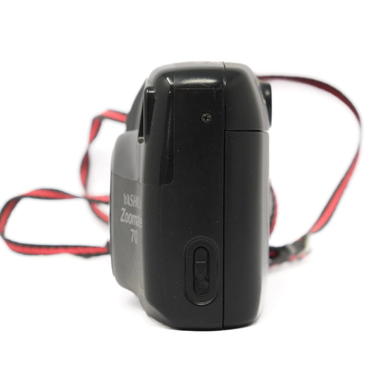 Black electronic device with red strap on a white background