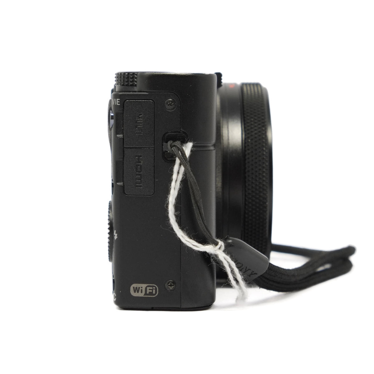 Black camera with strap on a white background