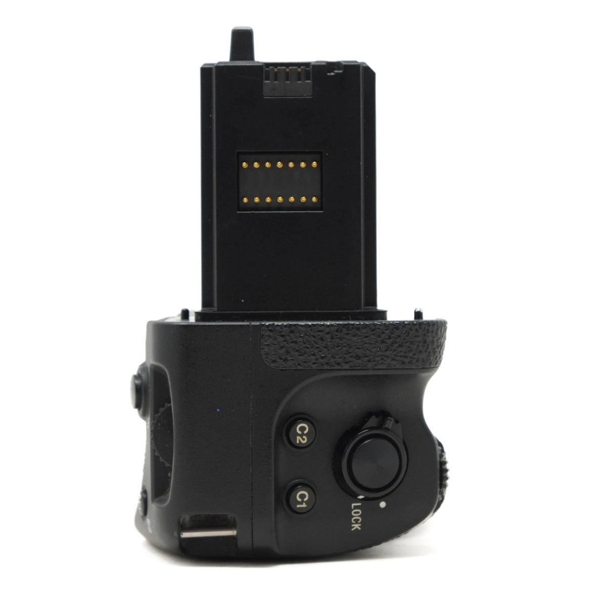 Black camera battery grip on a white background