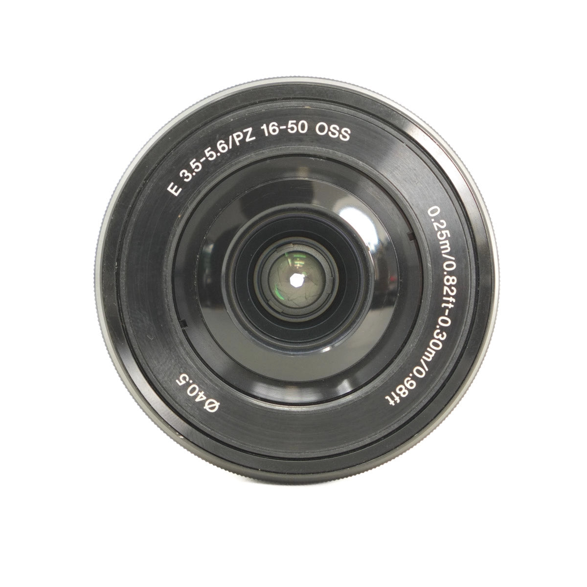 Camera lens with specifications on a white background