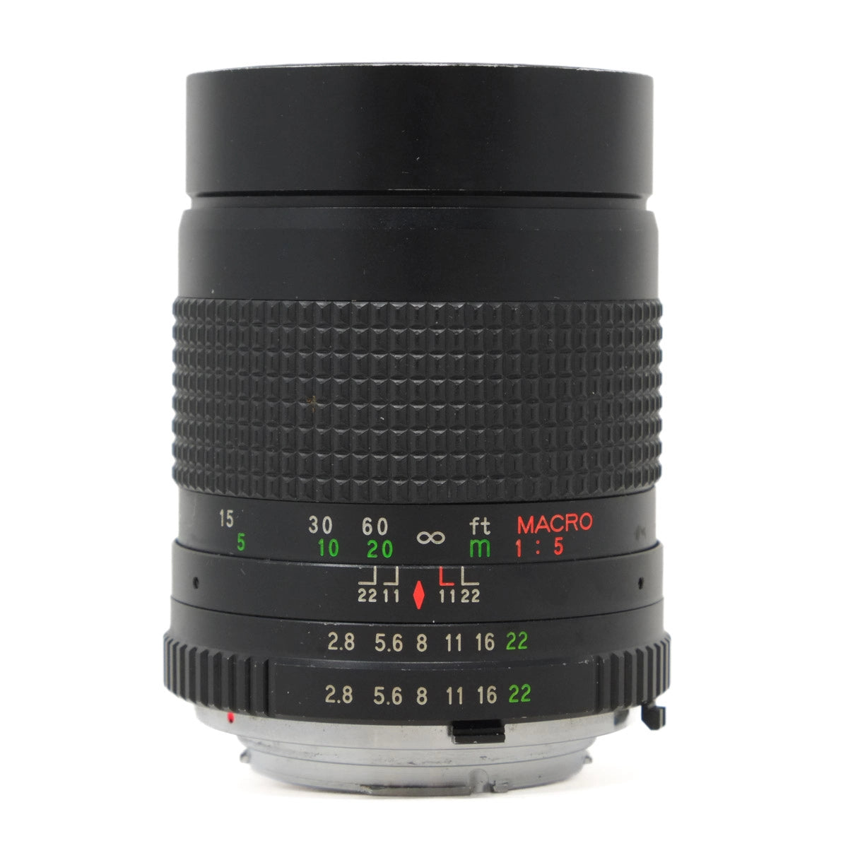 Camera lens with focus and aperture information on a white background