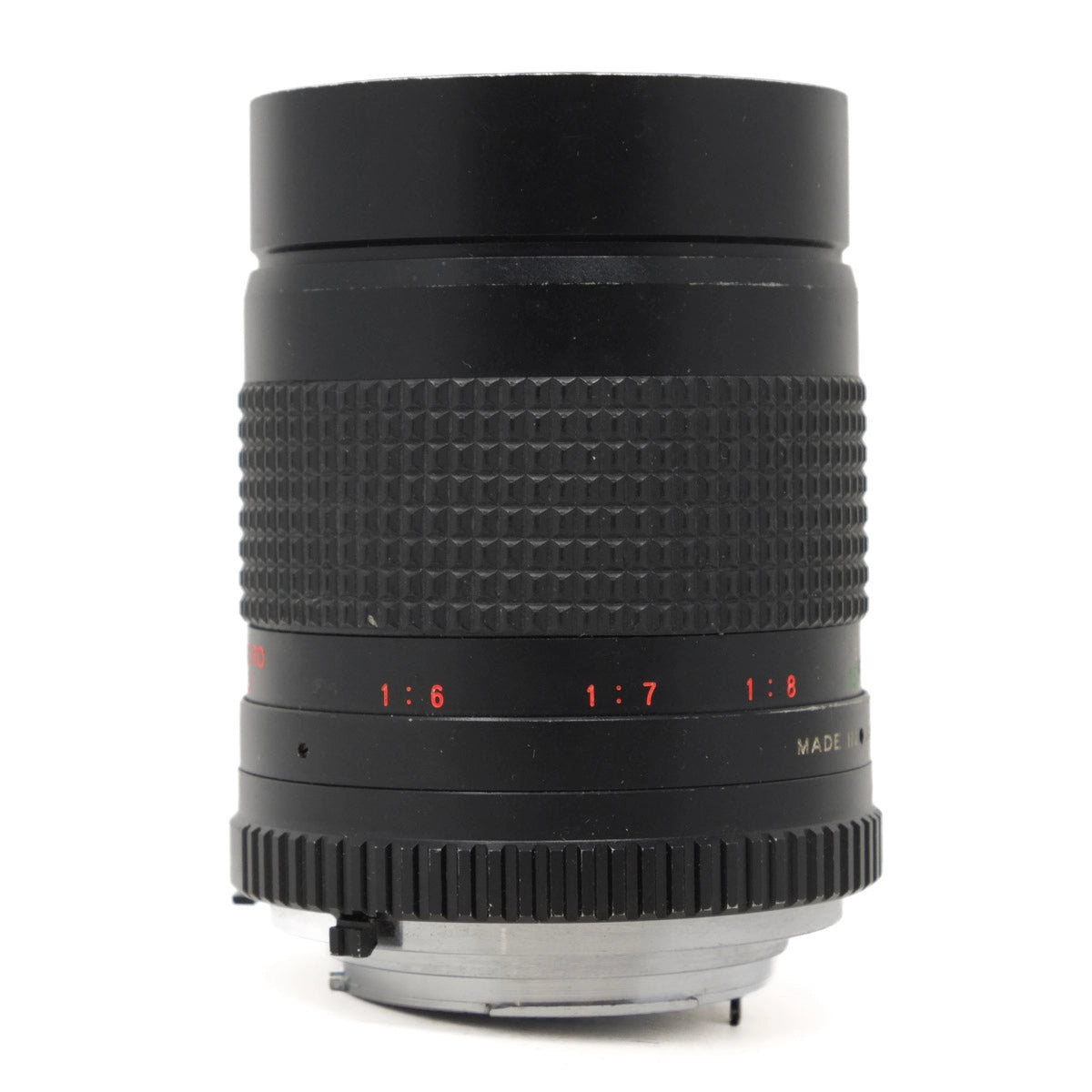 Camera lens with text on a white background