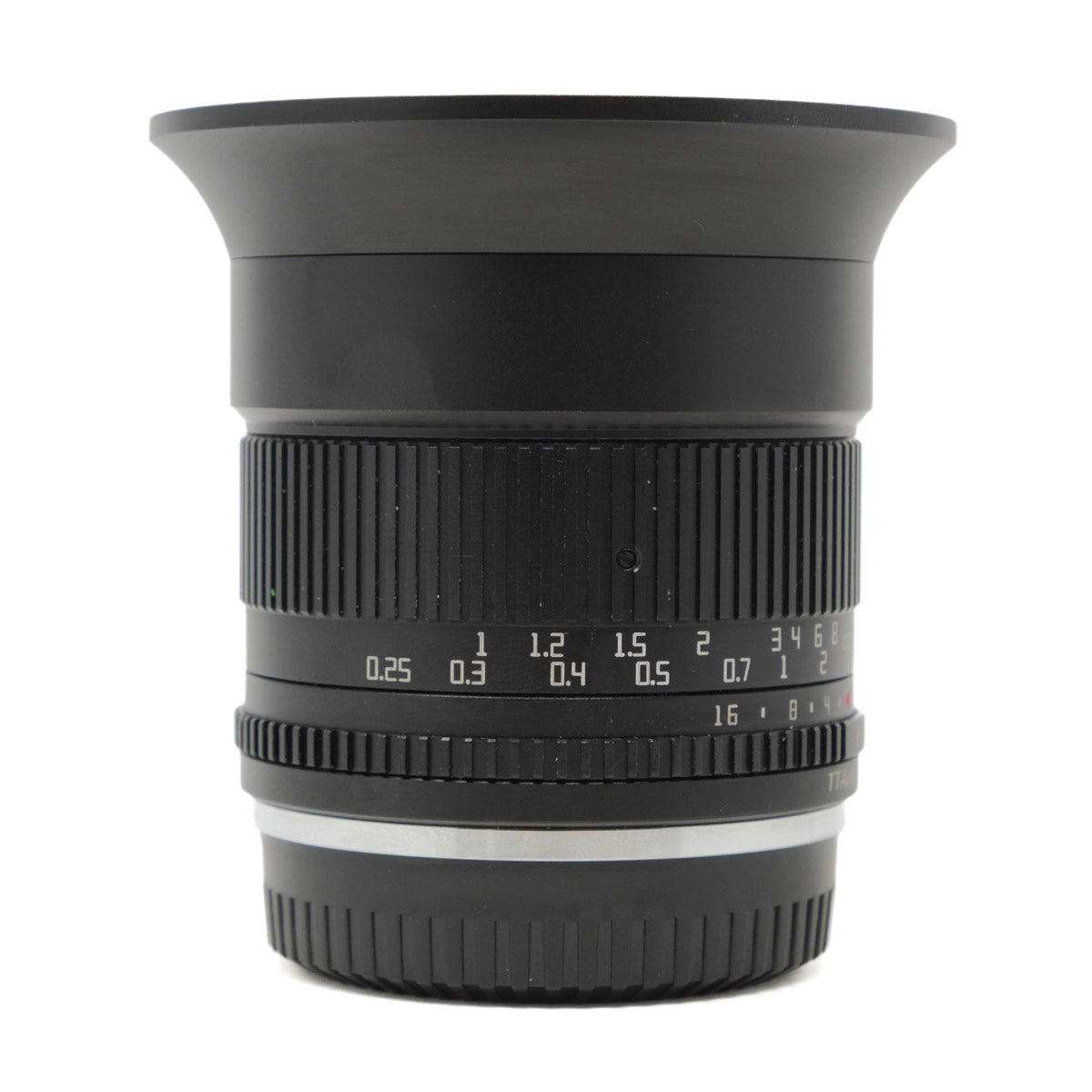 Black camera lens with focus scale on a white background