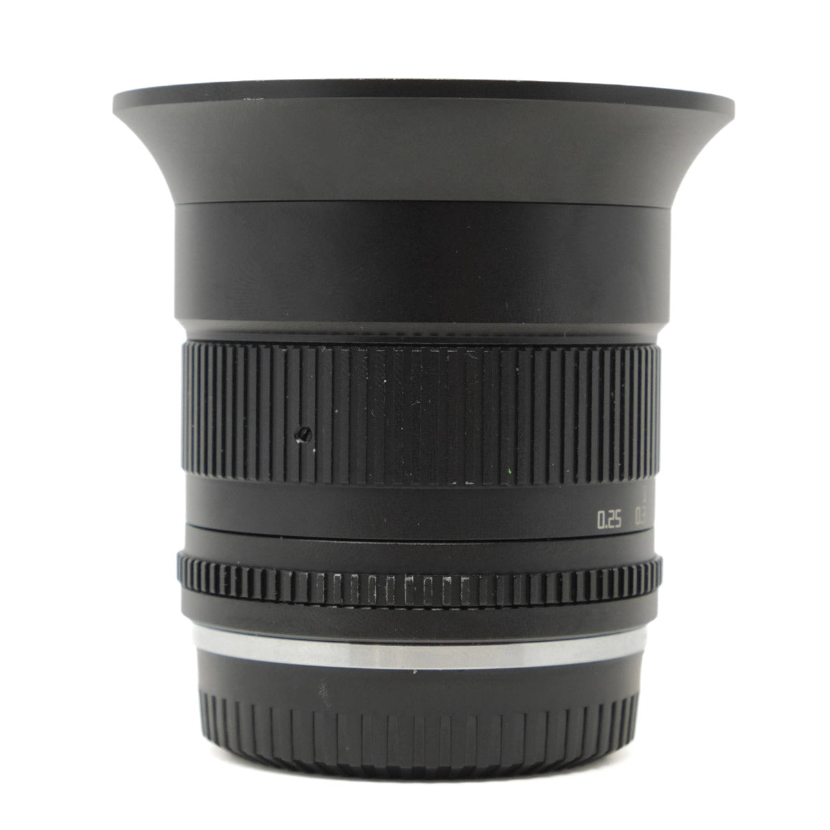 Black camera lens on a white background
