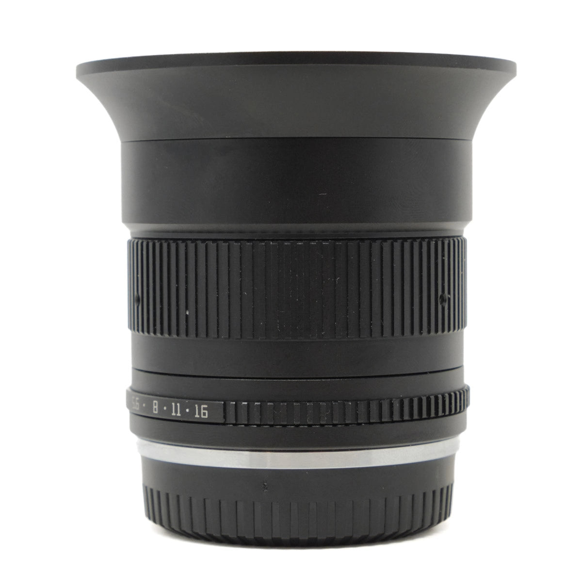 Black camera lens on a white background