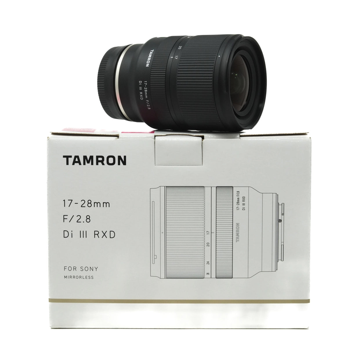 Used Tamron 17-28mm F2.8 Di III RXD Lens for Sony E - Side angle with original box 