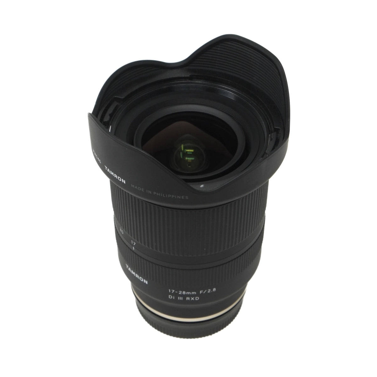 Used Tamron 17-28mm F2.8 Di III RXD Lens for Sony E - Top angle with lens hood 