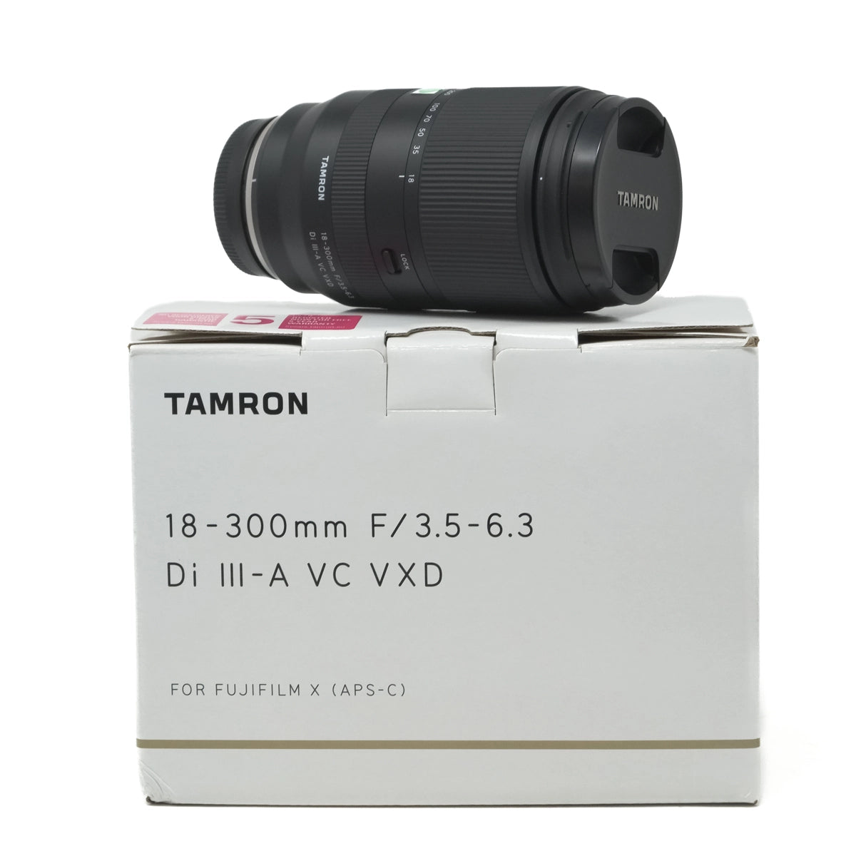 Used Tamron 18-300mm F3.5-6.3 Lens for Fujifilm X Mount - Side angle with original box 