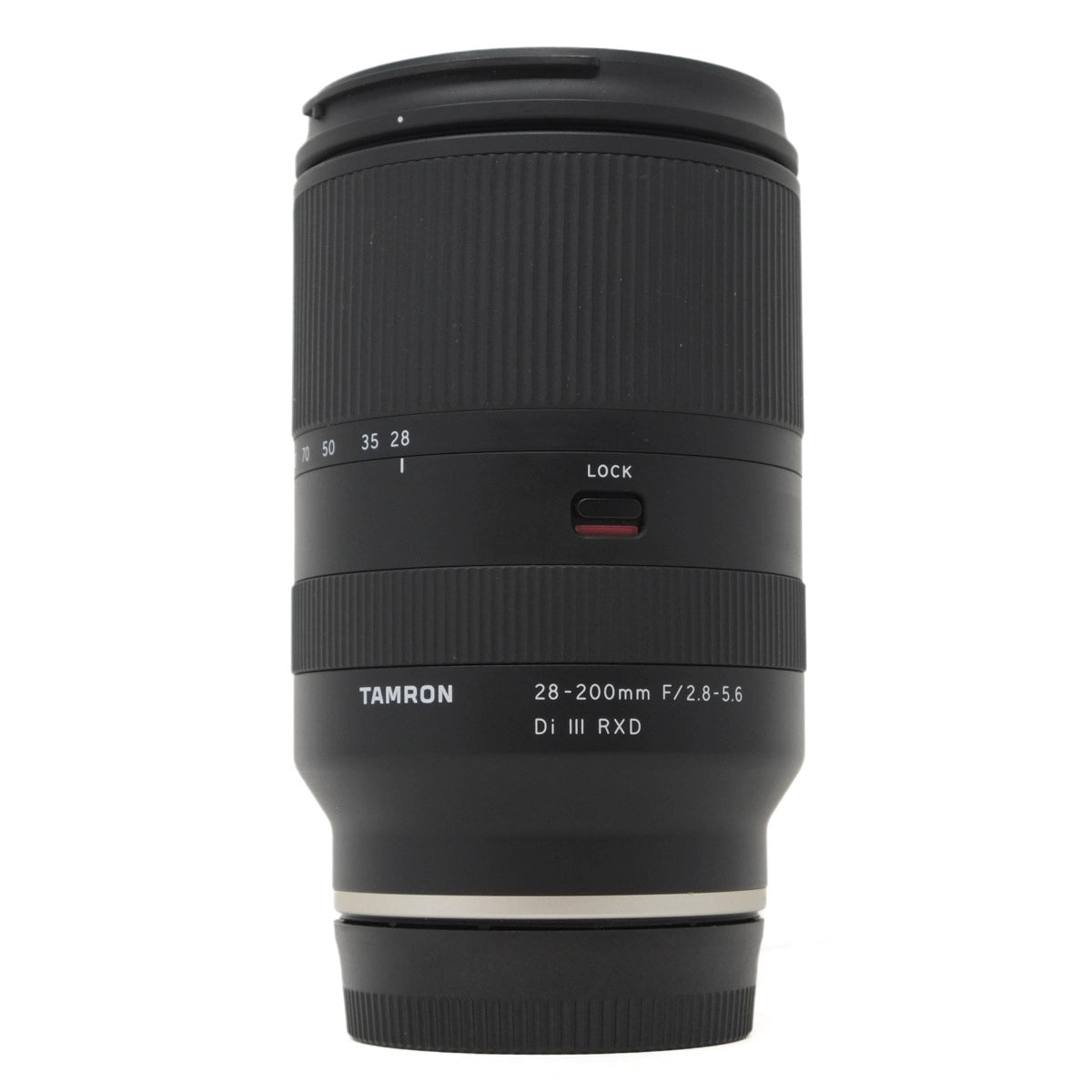 Black camera lens with Tamron branding on a white background