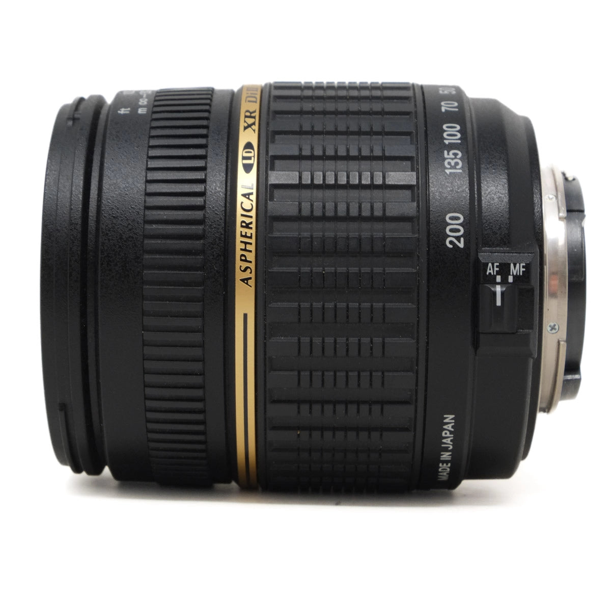 Camera lens with brand name on a white background