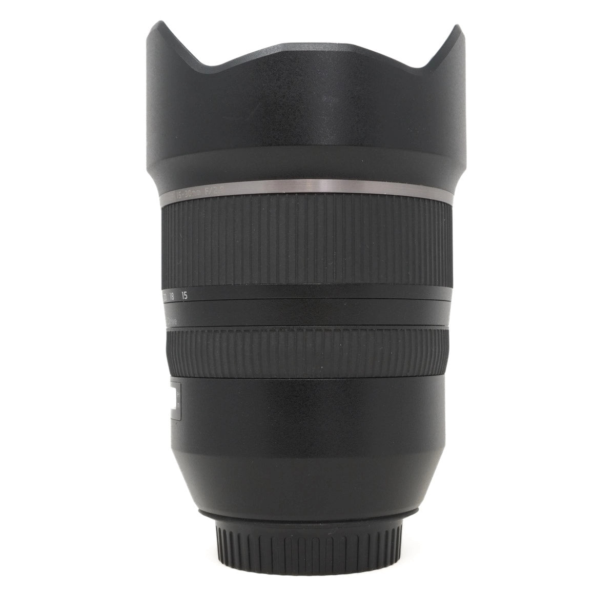 Black camera lens with hood on a white background