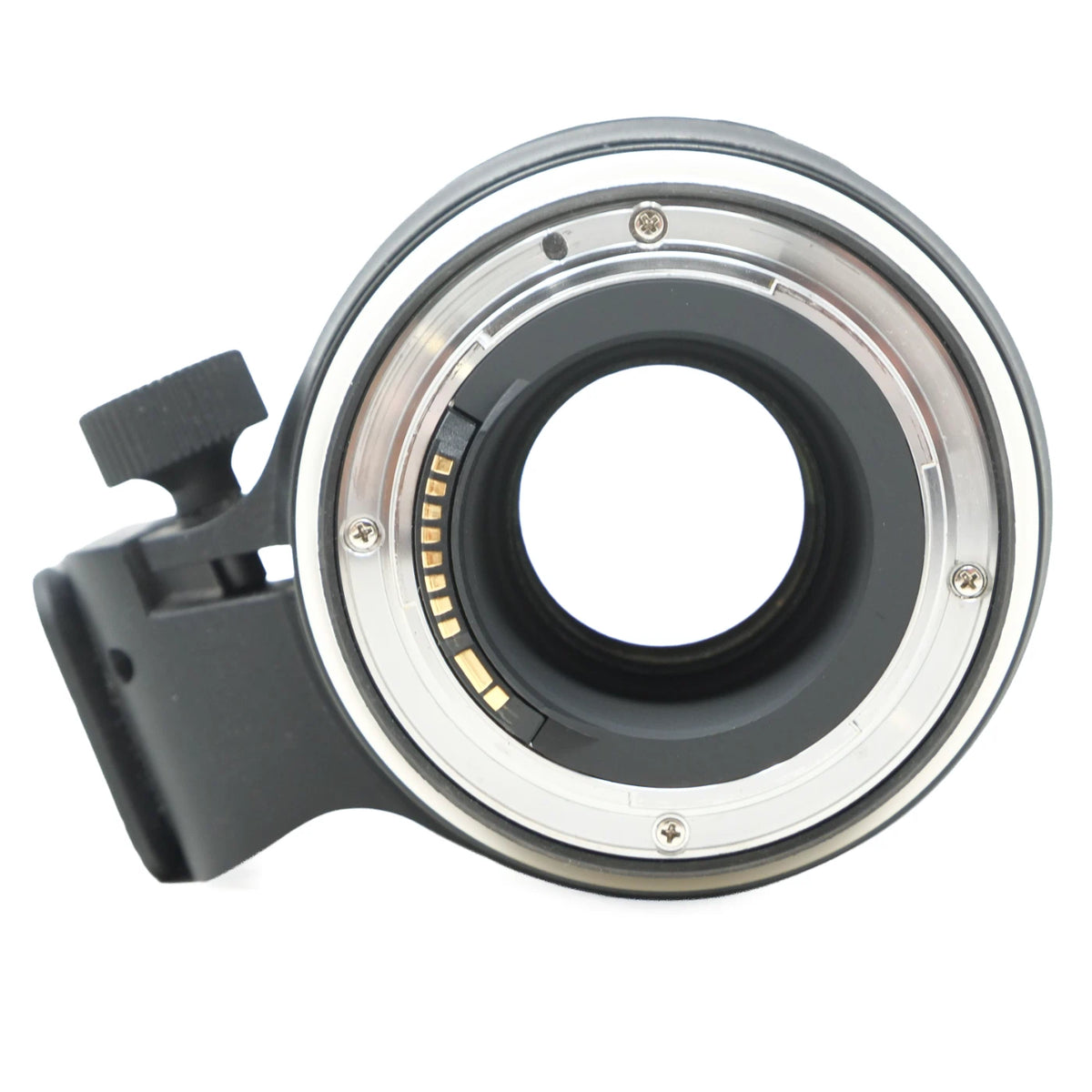 A close-up of a camera lens adapter ring with a black mounting clamp and silver metal ring, shown on a plain white background.