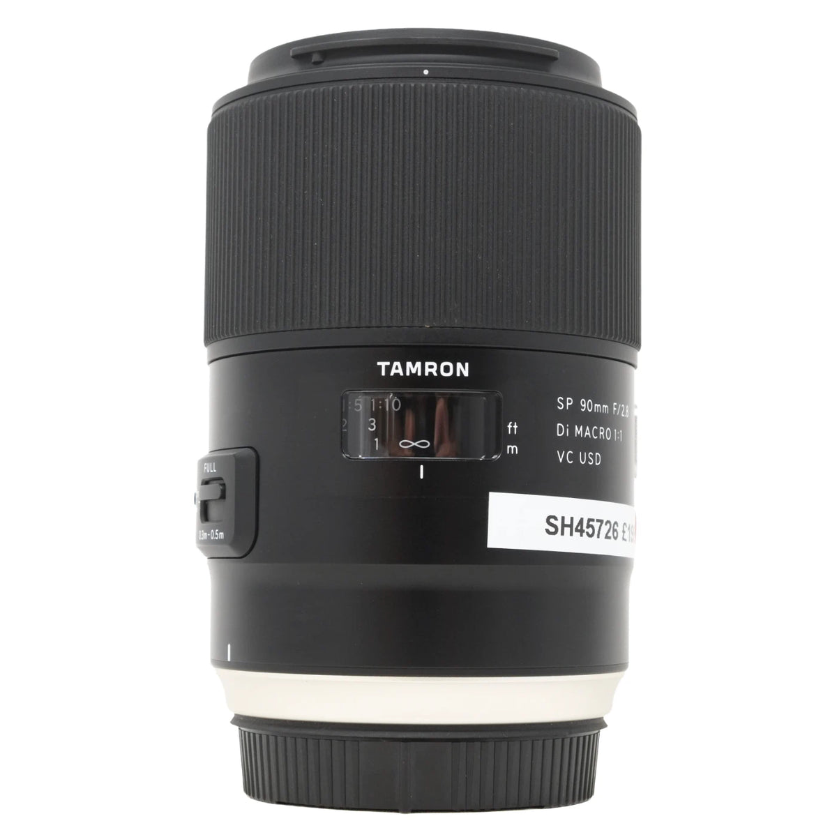 Tamron SP 90mm F2.8 Di Macro VC USD lens in black with a white ring accent, shown against a plain white background.