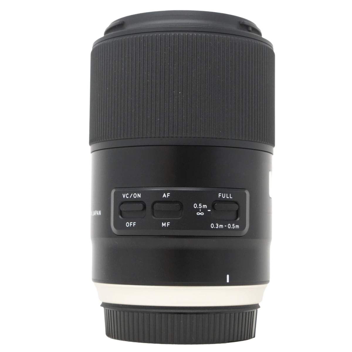 Canon EF 90mm f/2.8L IS II USM telephoto lens shown from the front on a white background, featuring a black ribbed body with a white accent ring and control buttons.