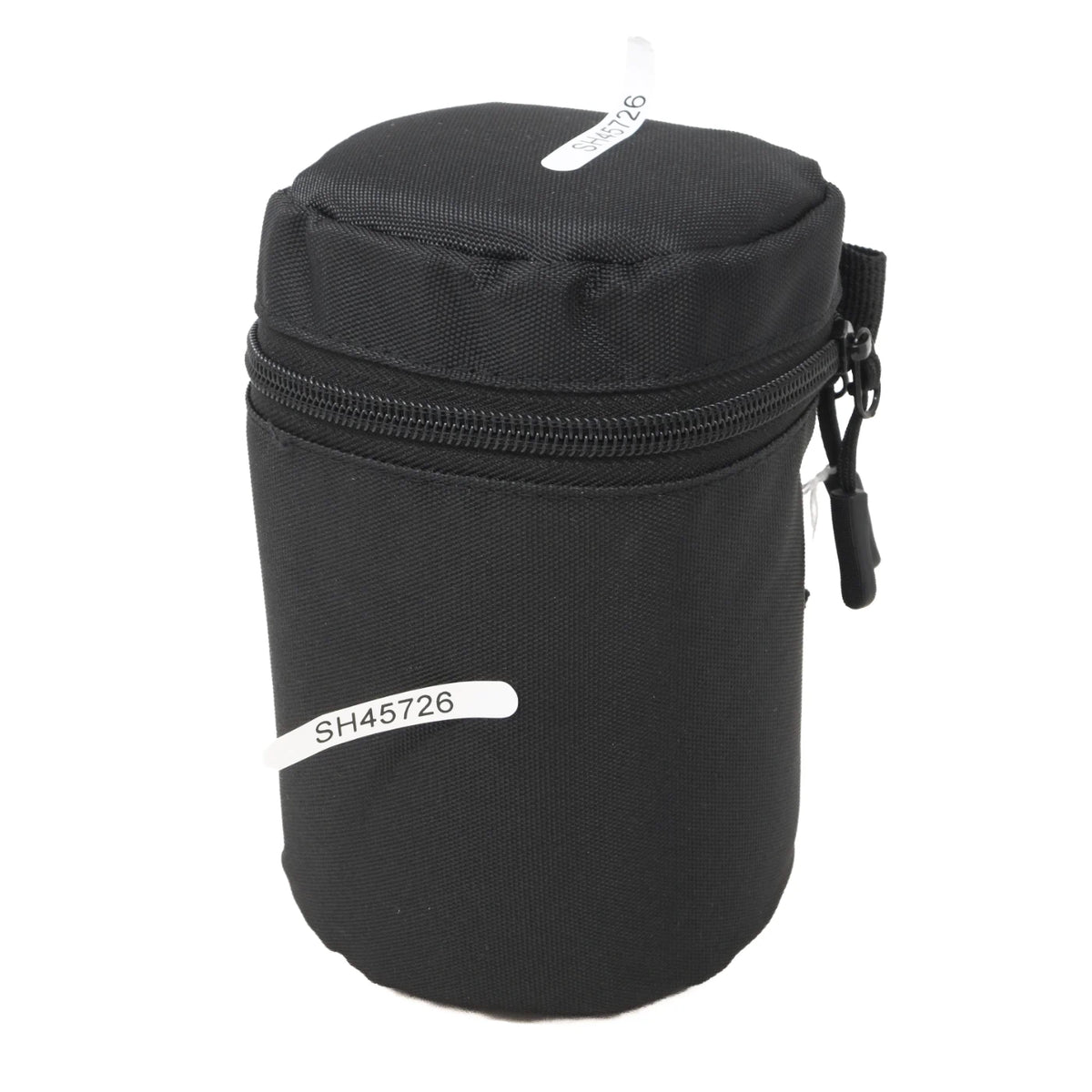 A black cylindrical fabric pouch with a top zipper, featuring a white printed label with the number 'SH45726' and a small white tag at the top, shown on a plain white background.