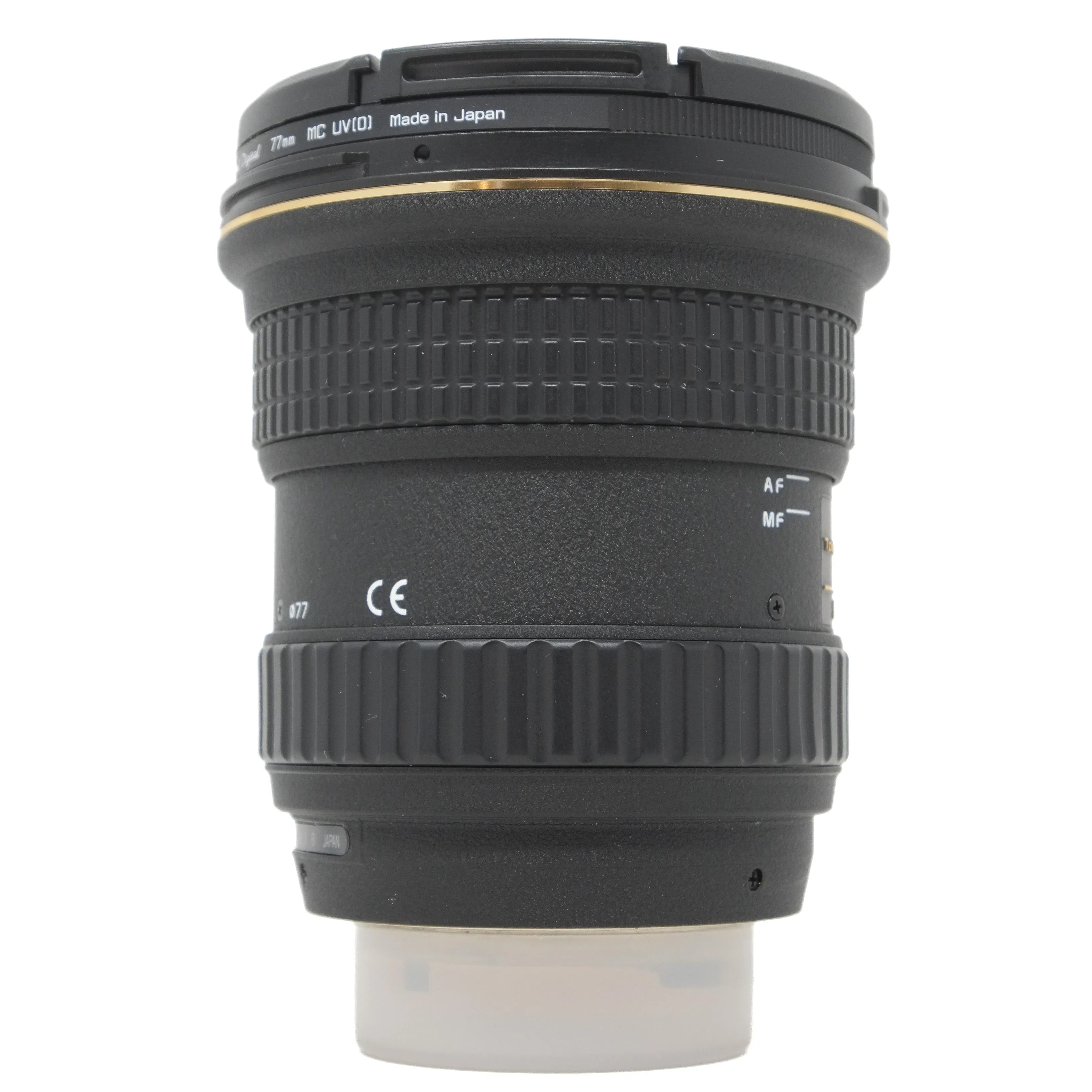 Camera lens with visible branding on a white background