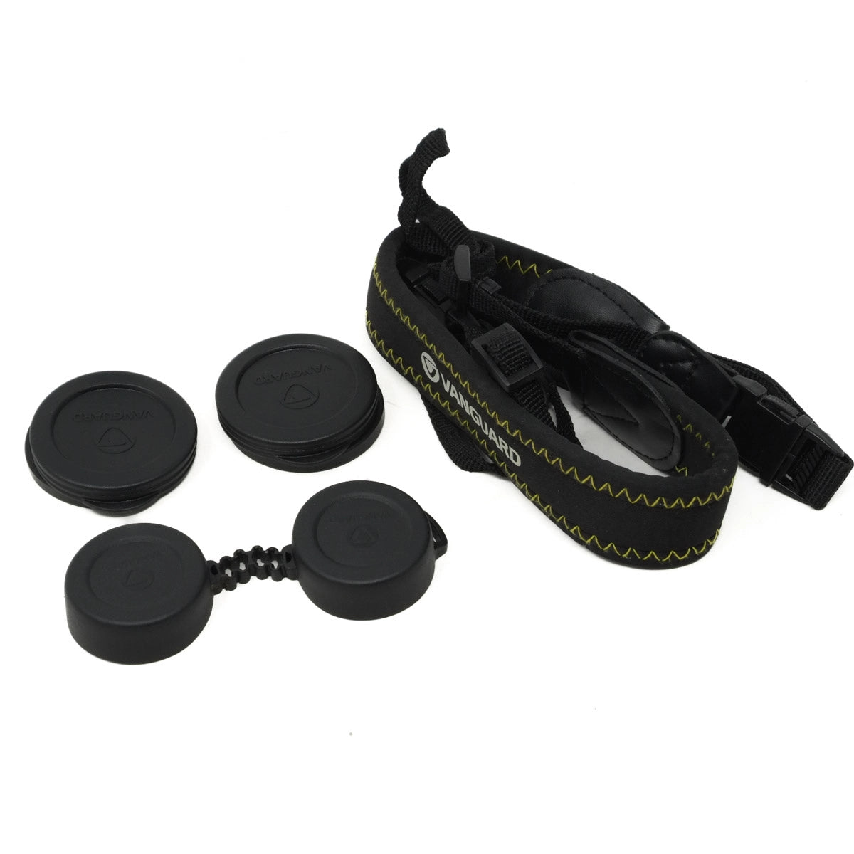 Binocular cap set with a black strap on a white background