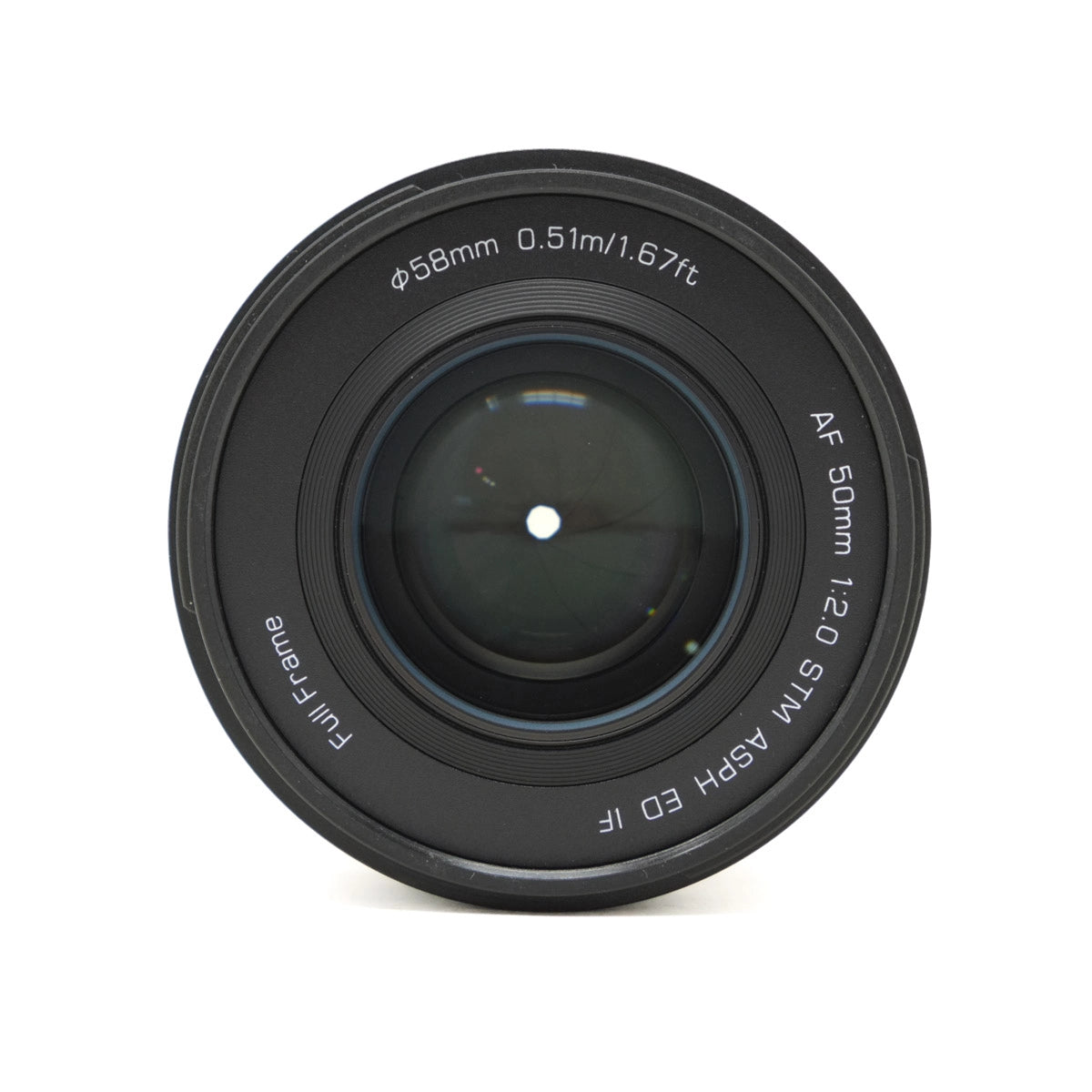 Camera lens with technical specifications on a white background