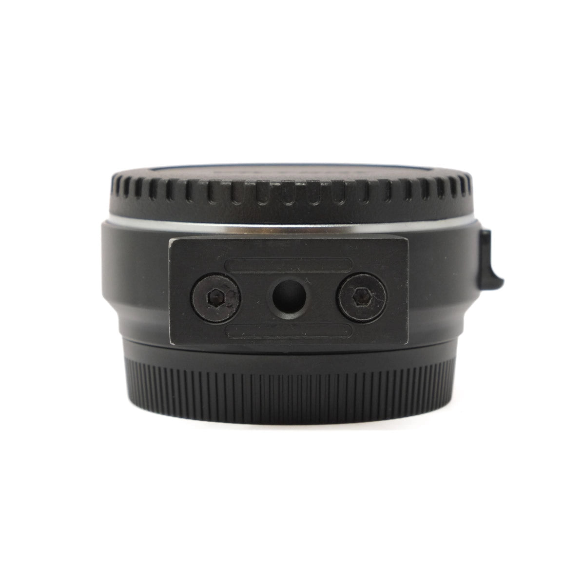 Black camera lens mount adapter on a white background