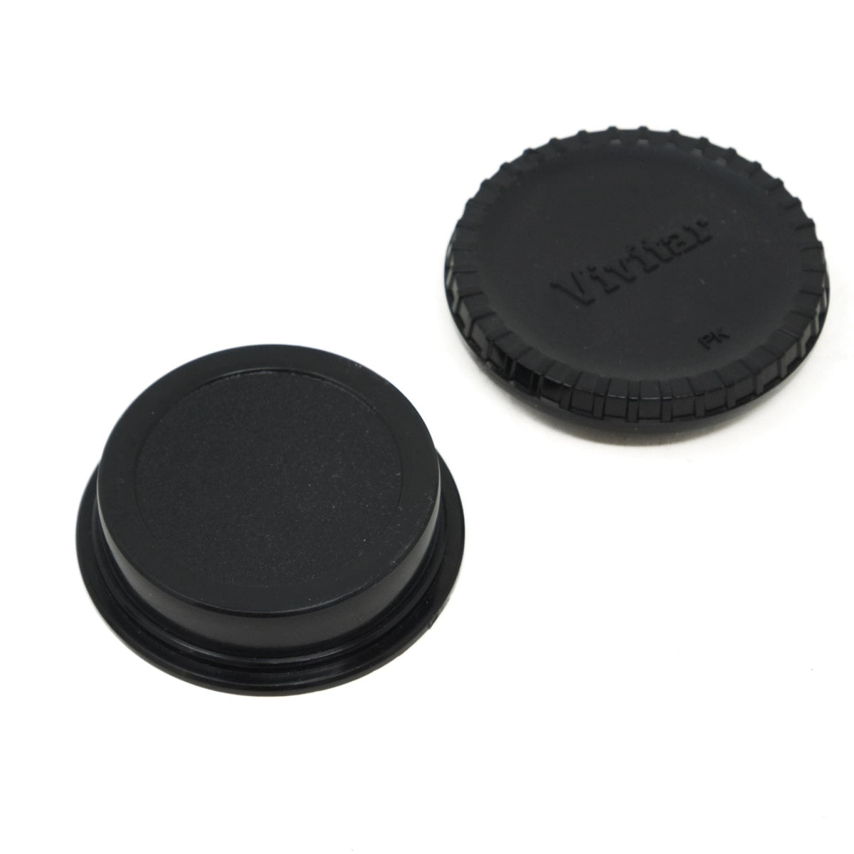 Two black camera lens caps on a white background, with 'Vivitar' branding.