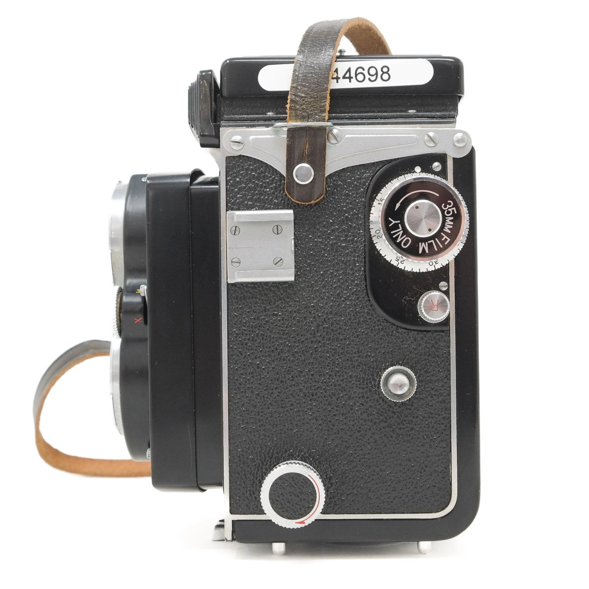 Vintage camera with leather strap on a white background