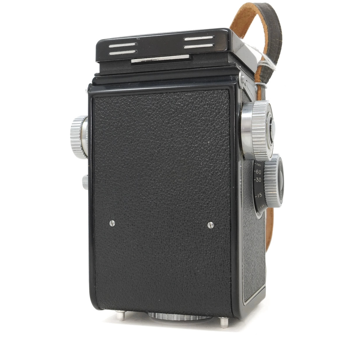 Vintage black and silver camera on a white background