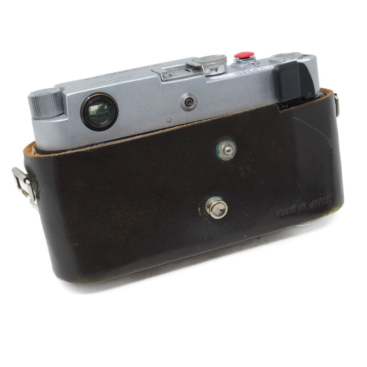Vintage camera with leather case on a white background