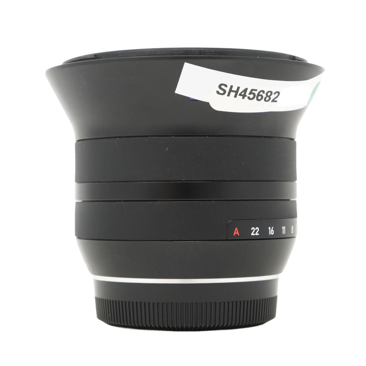 A black wide-angle camera lens with a white sticker label reading 'SH45682' on the front, shown against a plain white background.