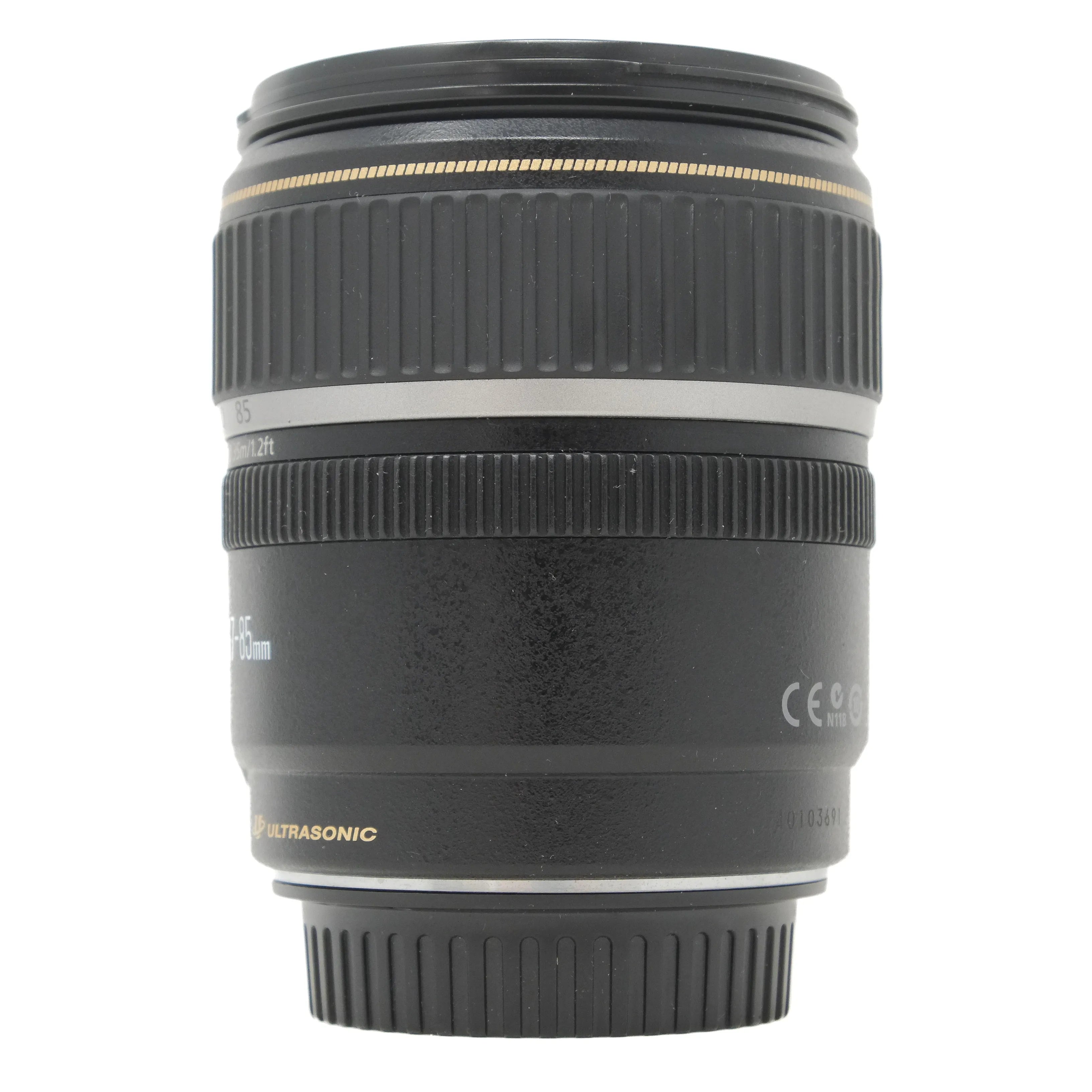 Camera lens with visible branding on a white background