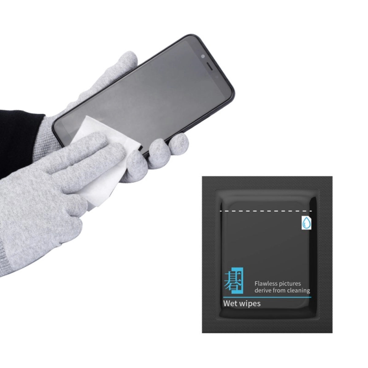 VSGO Anti bacteria screen cleaning wipes kit front angle with cloth being ued to wipe phone screen