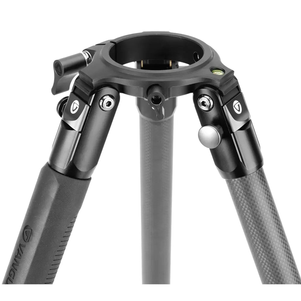 Close-up of a black and gray tripod with adjustable legs on a white background