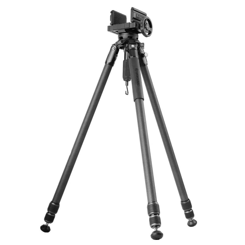 Black camera tripod on a white background