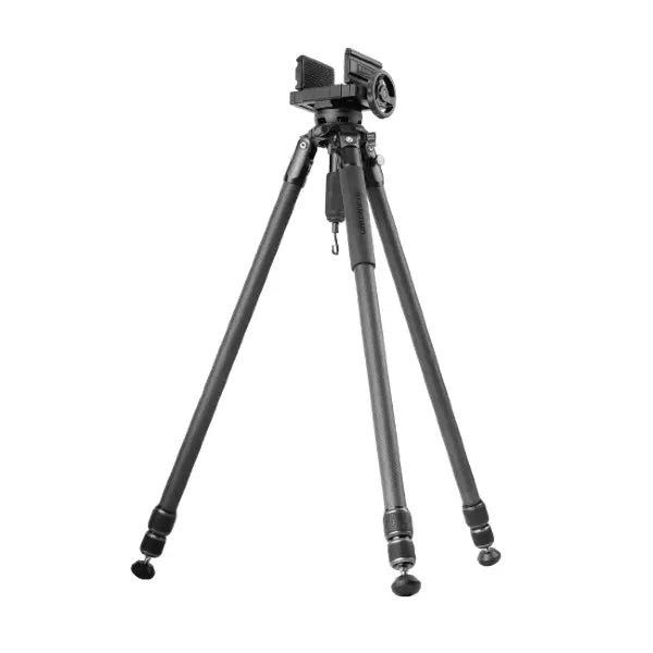 Black camera tripod on a white background