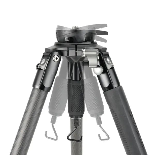Close-up of a tripod with adjustable legs on a white background