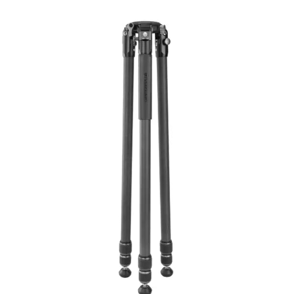 Black camera tripod on a white background