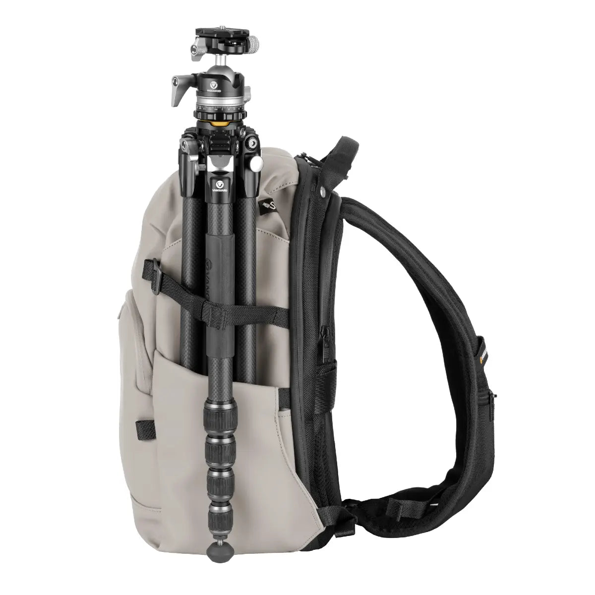 Camera backpack with a tripod attached on a white background