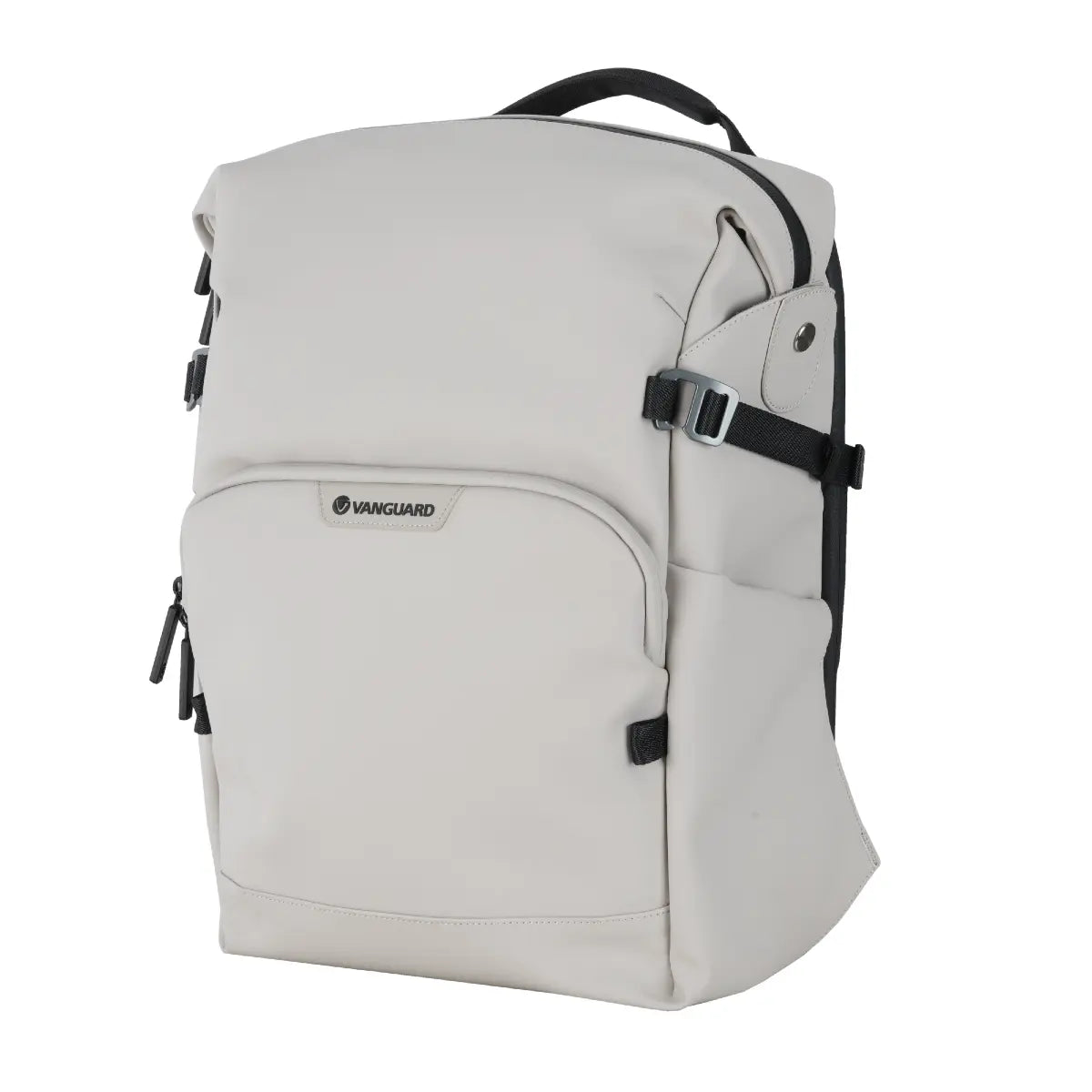 Gray backpack with black straps on a white background