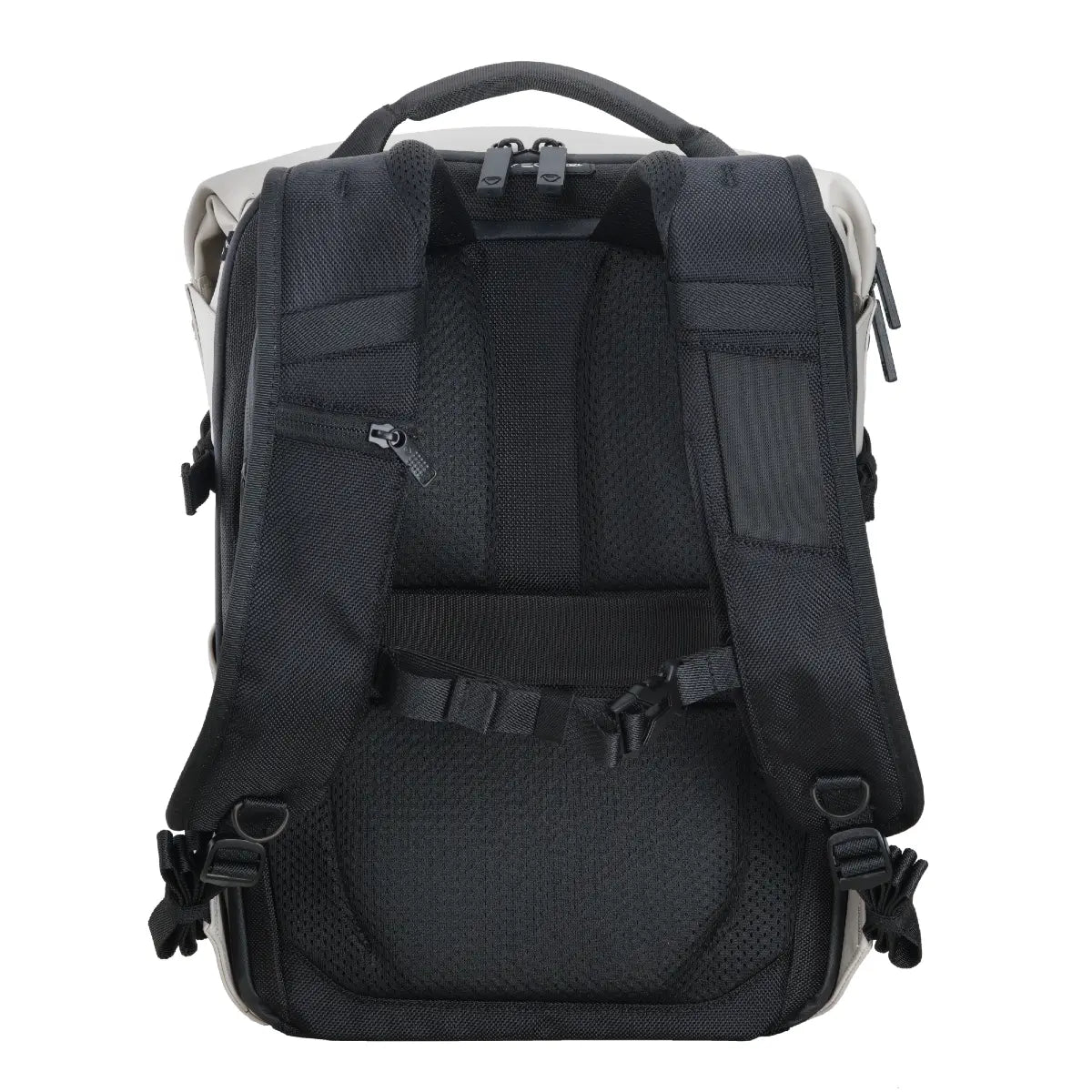 Black backpack with multiple compartments and straps on a white background