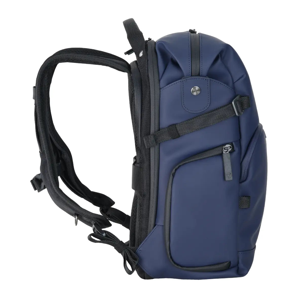Blue backpack with black straps on a white background