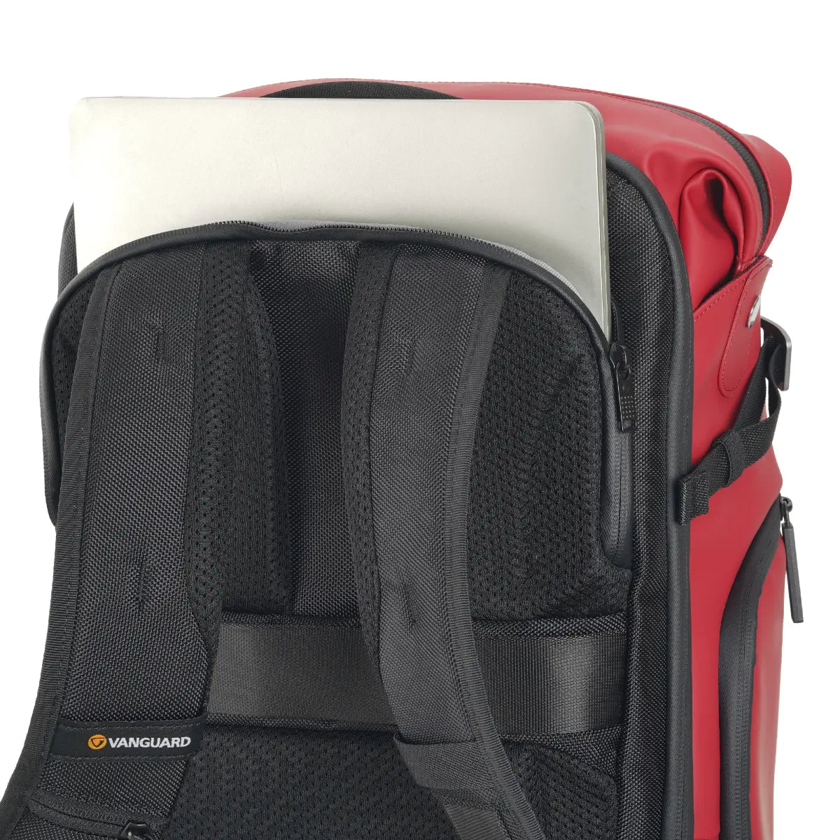 Red backpack with black straps and a visible brand logo on a white background