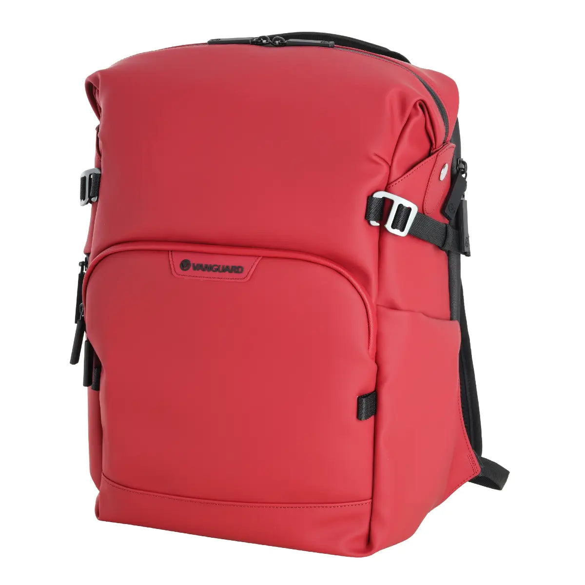 Red backpack with black straps on a white background