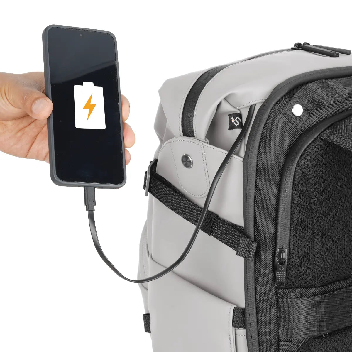 Backpack with a phone connected via USB cable, showing battery icon.
