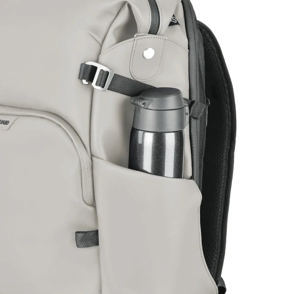 Gray backpack with a silver thermos in a pocket on a white background