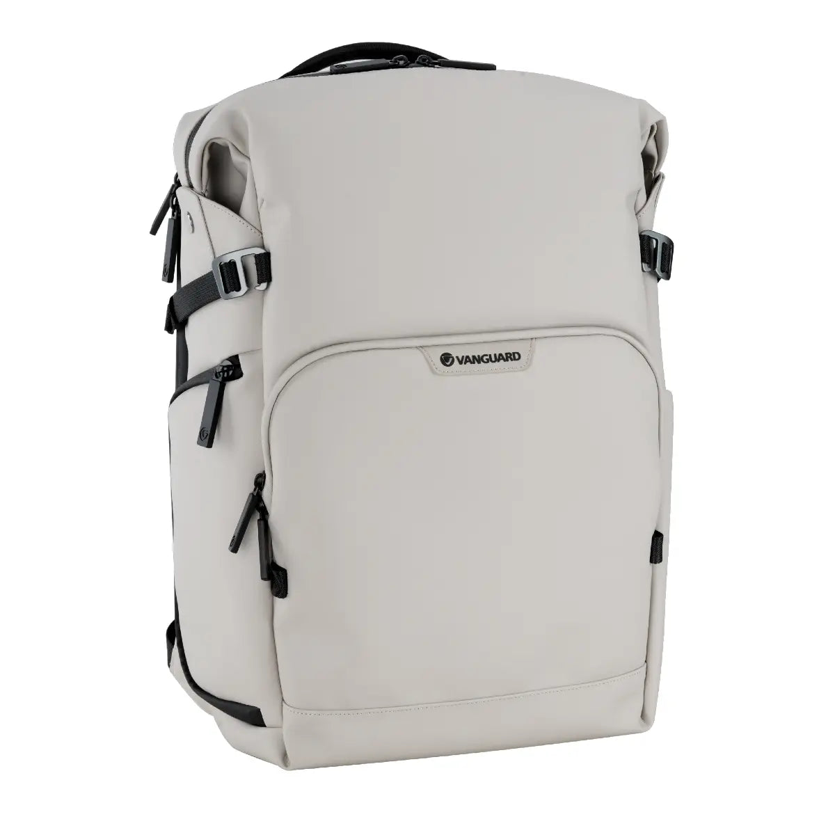Light gray backpack with black straps on a white background