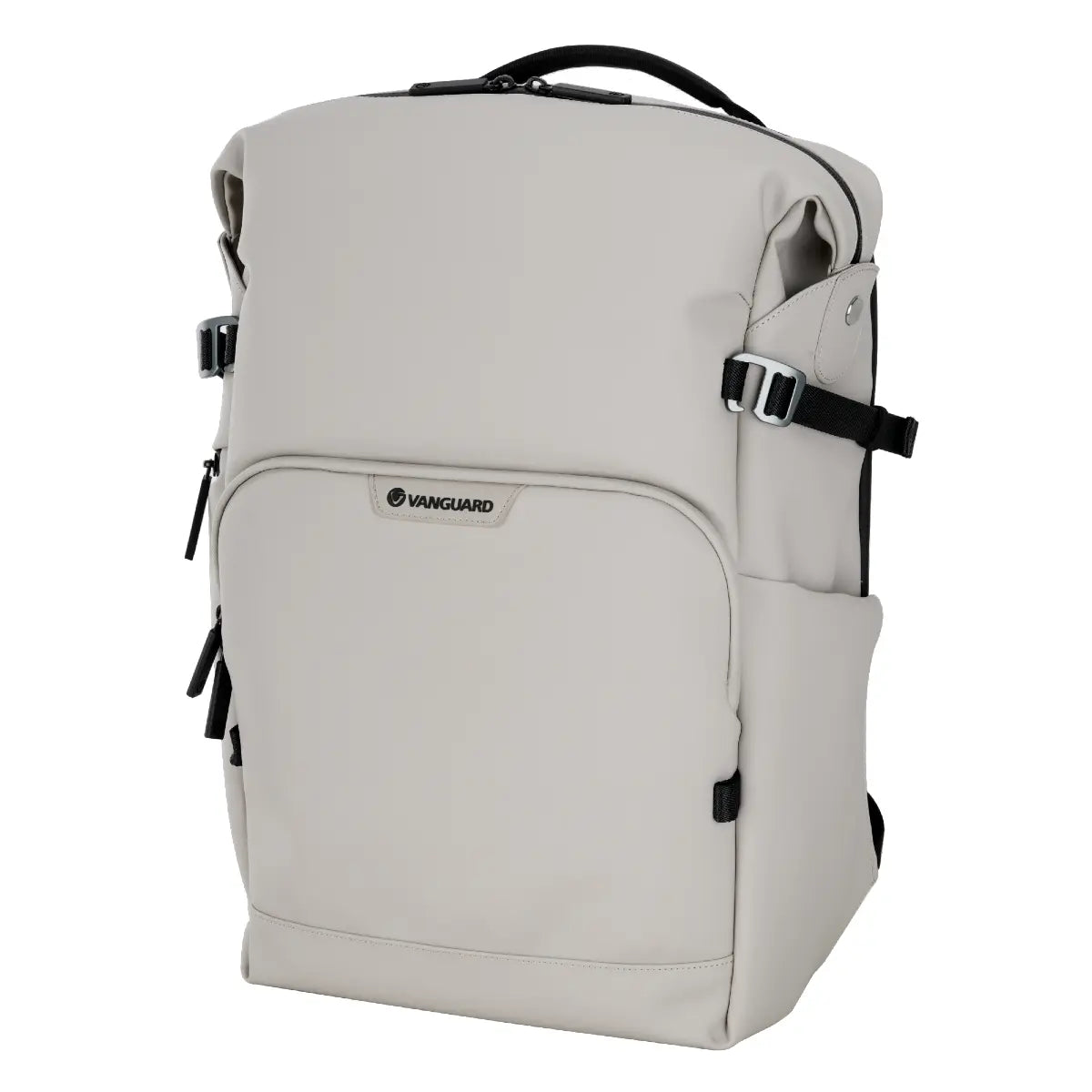 Light gray backpack with black straps on a white background