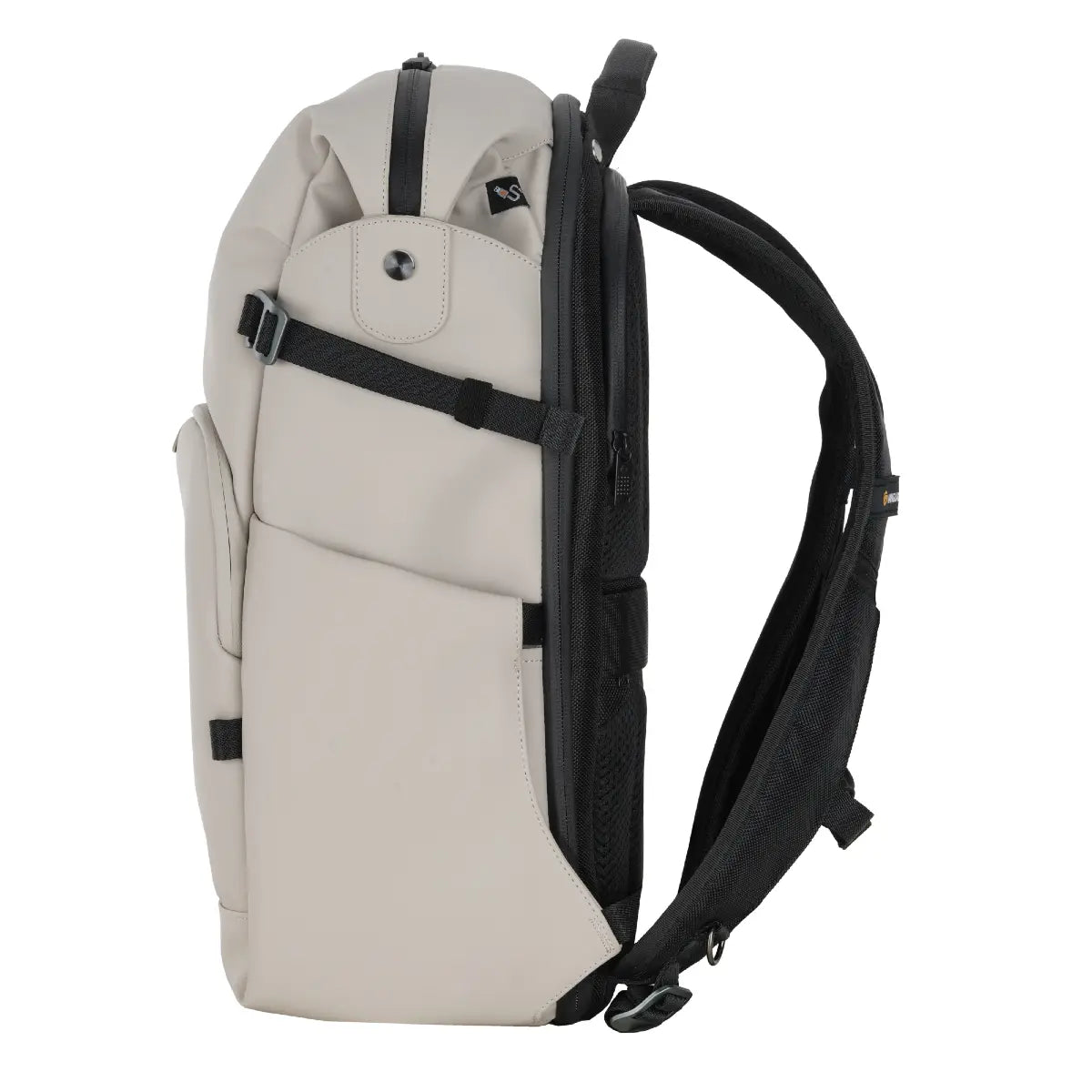 Beige backpack with black straps on a white background