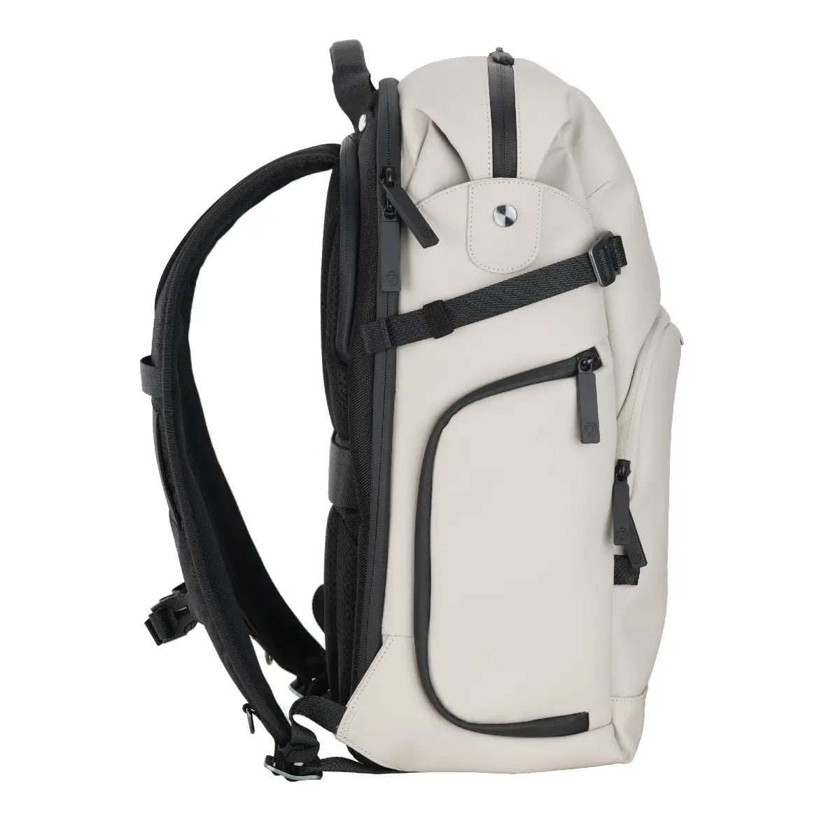 White backpack with black straps on a white background