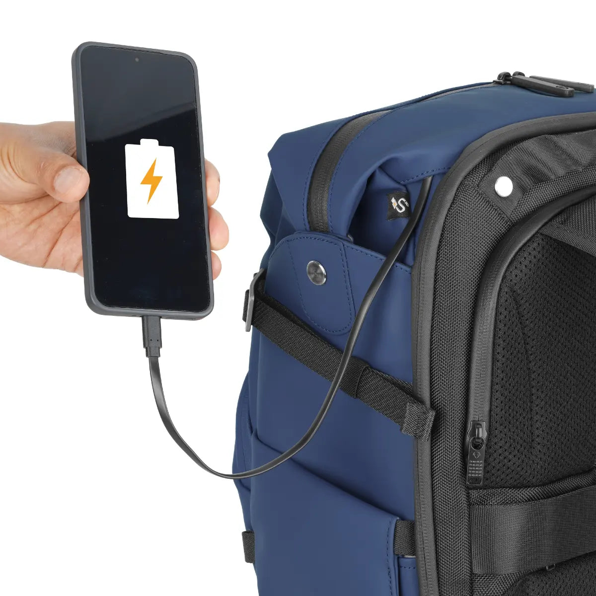 Blue backpack with a charging cable connected to a smartphone displaying a battery icon.